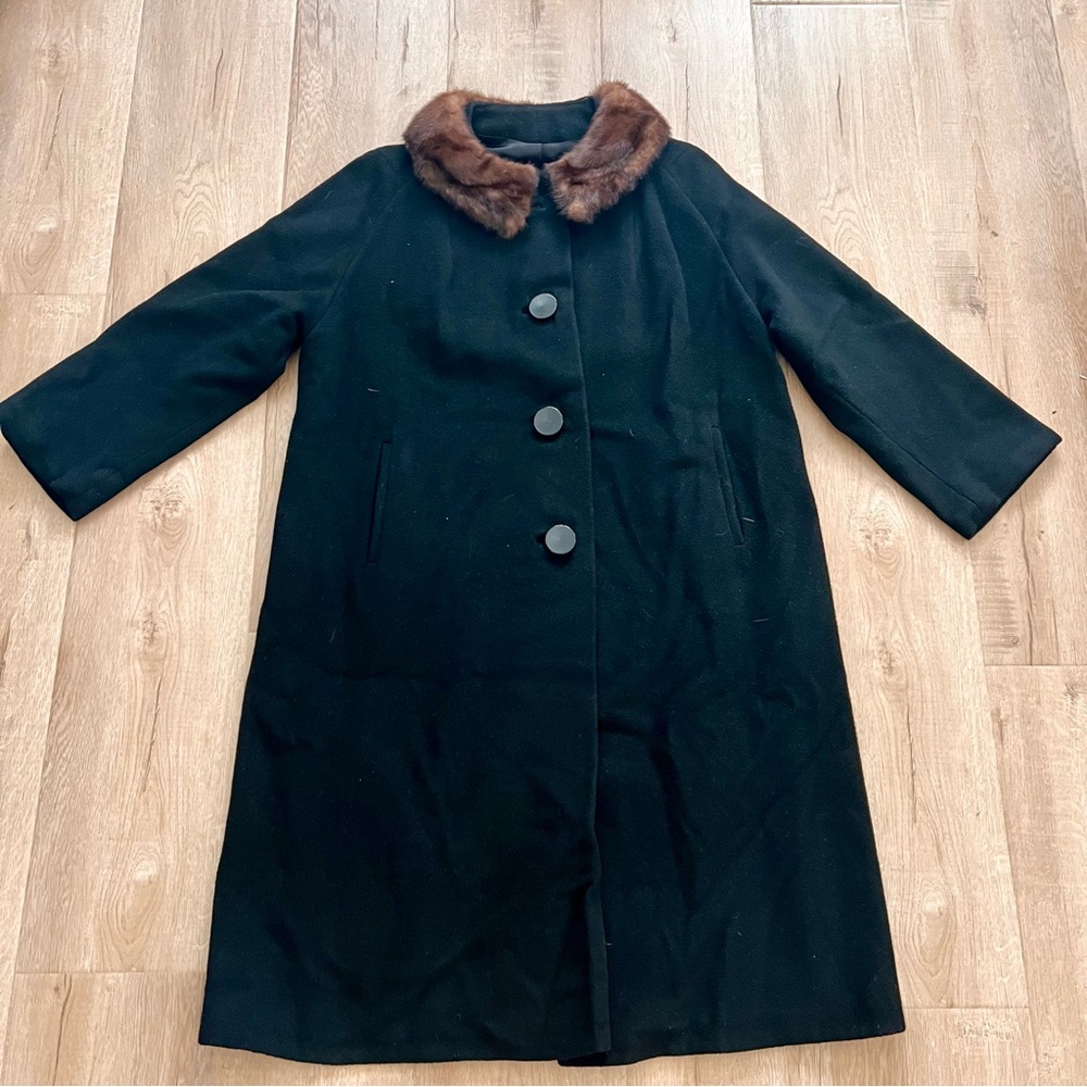 VINTAGE Women’s Black Exclusive Quality 100% Cashmere Coat Real Fox Fur Collar M